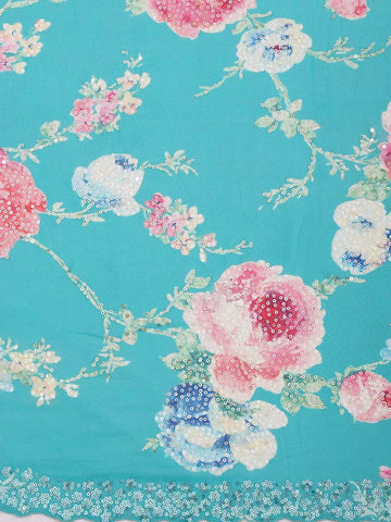 Turquoise Green Organza Saree with Floral Prints on the body and Sequins Border - Diadem