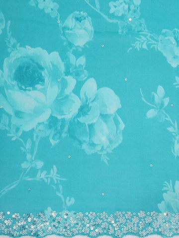 Turquoise Green Organza Saree with Floral Prints on the body and Sequins Border - Diadem