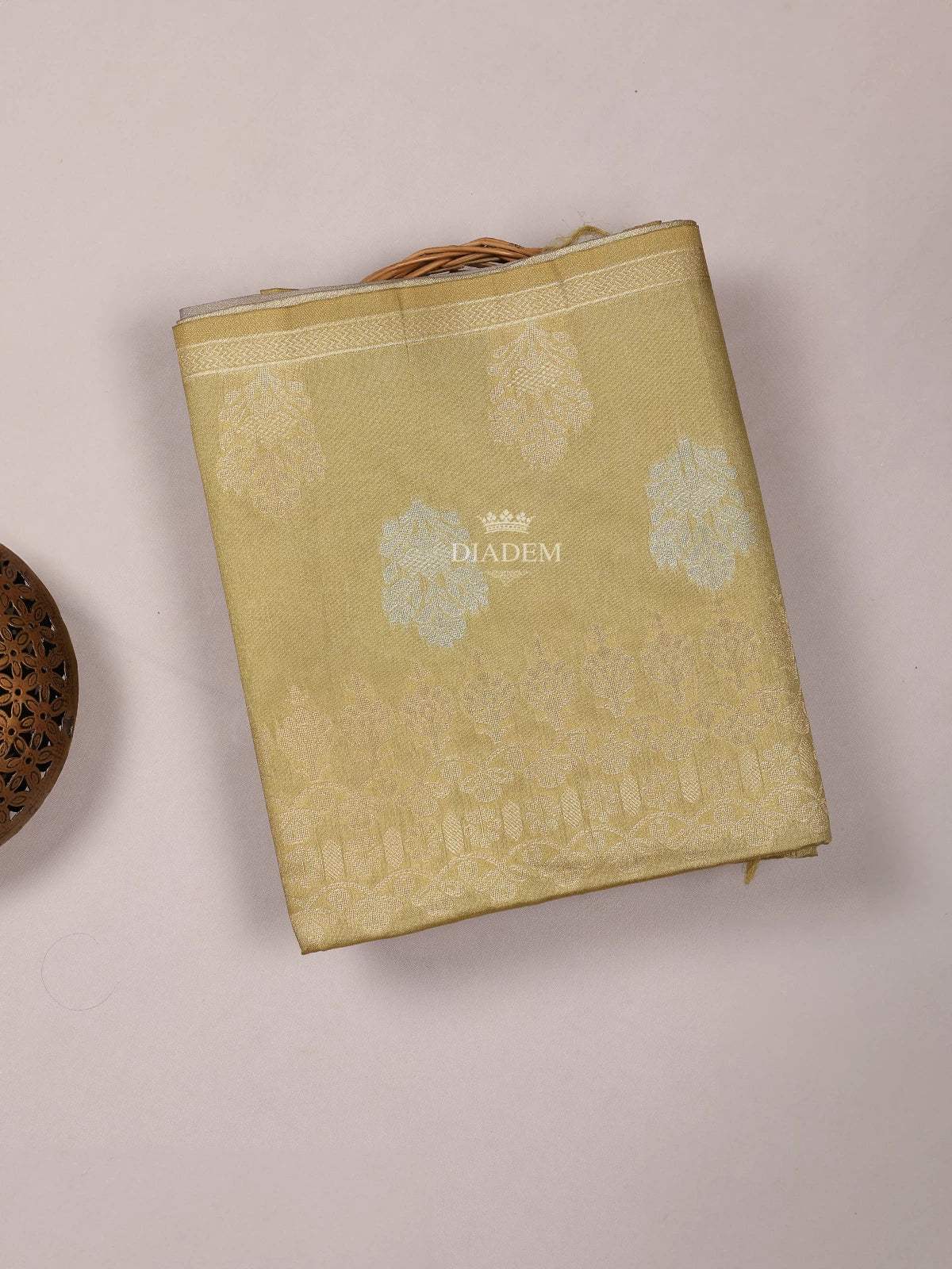 Olive Green Semi Tussar Silk Saree With Flower and Plant Design on the Body without Border - Diadem