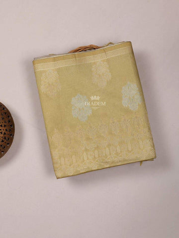 Olive Green Semi Tussar Silk Saree With Flower and Plant Design on the Body without Border - Diadem