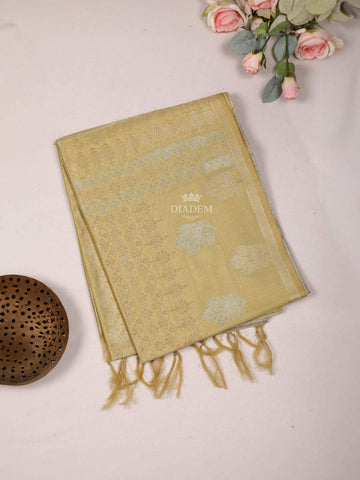 Olive Green Semi Tussar Silk Saree With Flower and Plant Design on the Body without Border - Diadem