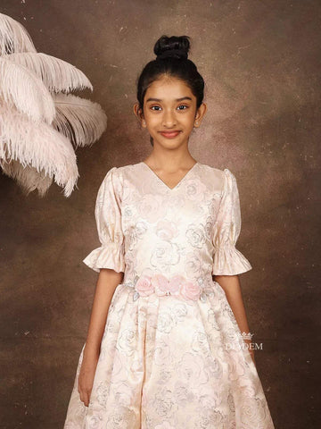 Cream Silk Gown with Floral Motif on the Body with Inner Net - Diadem