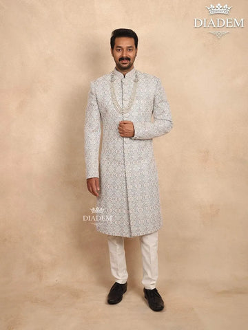 Ash Raw Silk Sherwani Suit with Threadwork Embroider Paired with Bead Mala - Diadem