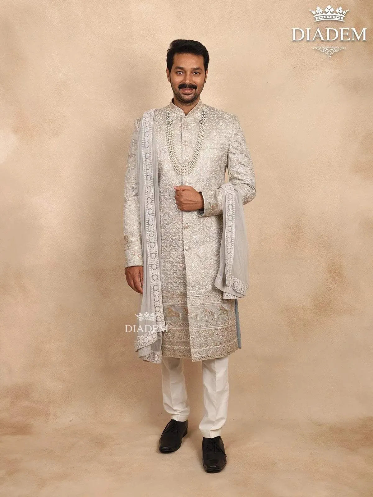 Ash Raw Silk Sherwani with Floral Threadwork Embroidery Paired with Dupatta and Bead Mala - Diadem