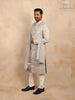 Ash Raw Silk Sherwani with Floral Threadwork Embroidery Paired with Dupatta and Bead Mala - Diadem