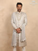 Ash Raw Silk Sherwani with Floral Threadwork Embroidery Paired with Dupatta and Bead Mala - Diadem
