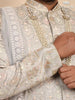 Ash Raw Silk Sherwani with Floral Threadwork Embroidery Paired with Dupatta and Bead Mala - Diadem