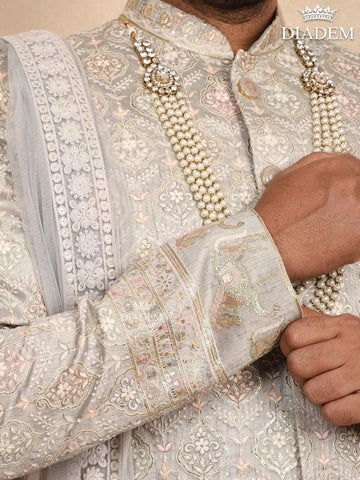 Ash Raw Silk Sherwani with Floral Threadwork Embroidery Paired with Dupatta and Bead Mala - Diadem