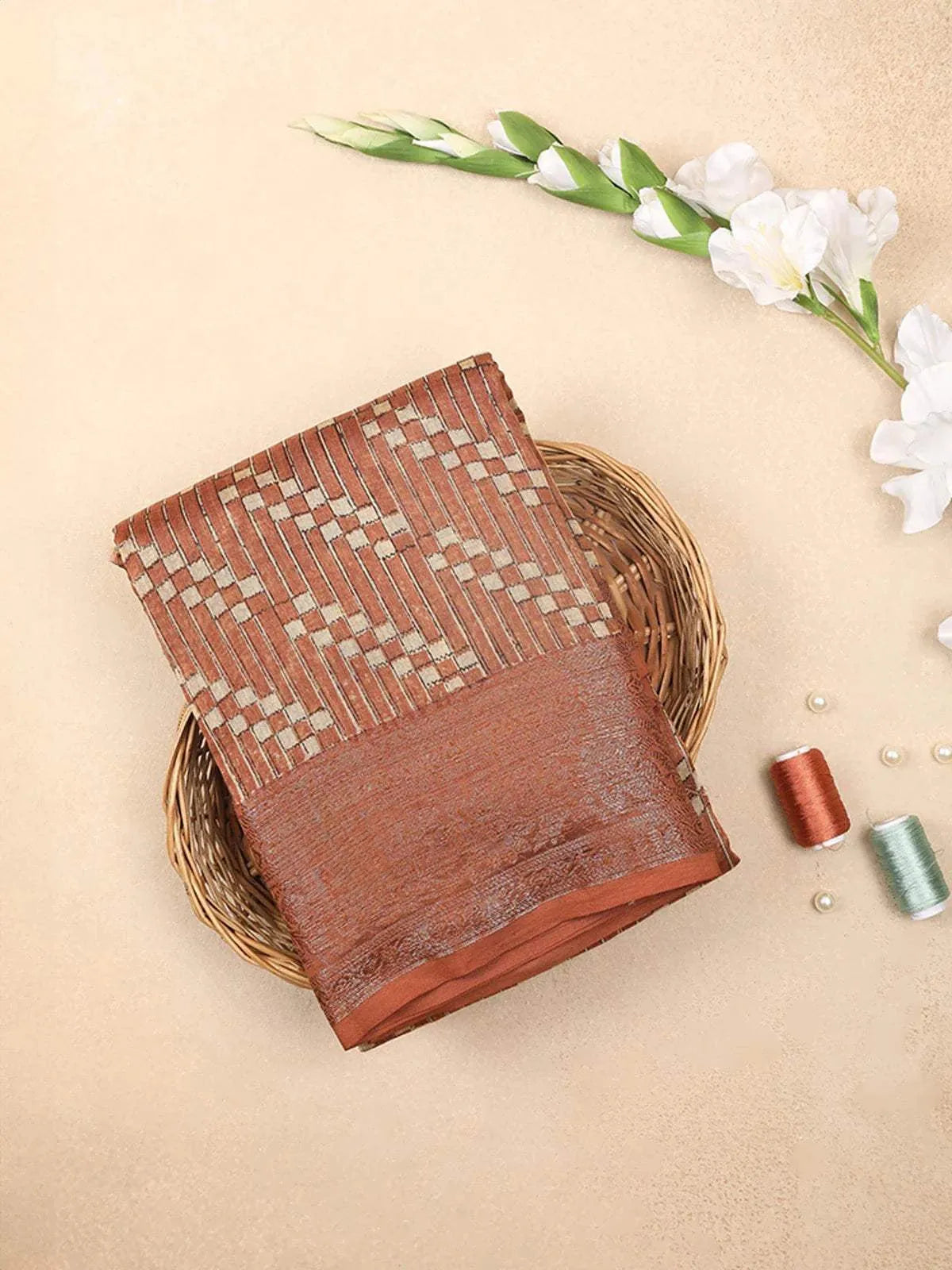 Rust Orange Chanderi Silk Saree with Checks and Stripes on the Body with Zari Border - Diadem