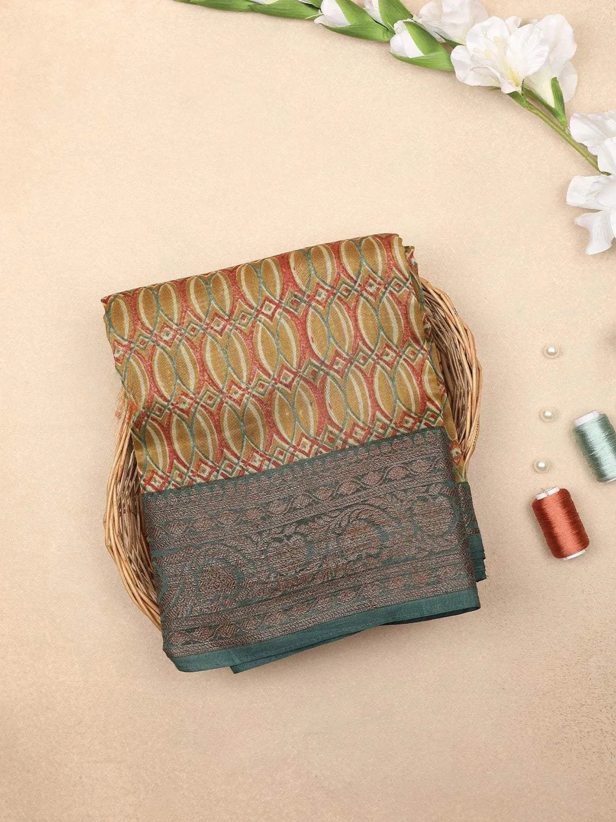 Brown Chanderi Silk Saree with Oval Geometric Design on the Body with Contrast Border - Diadem