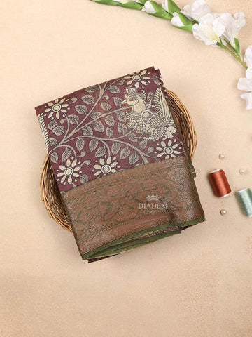 Burgundy Chanderi Silk Saree with Peacock and Floral Prints on the Body with Designed Border - Diadem