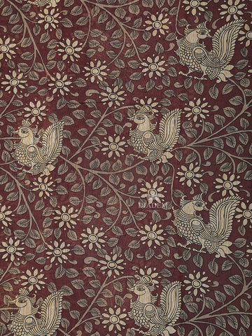 Burgundy Chanderi Silk Saree with Peacock and Floral Prints on the Body with Designed Border - Diadem