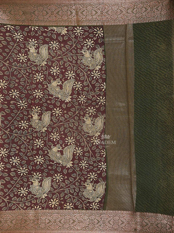 Burgundy Chanderi Silk Saree with Peacock and Floral Prints on the Body with Designed Border - Diadem