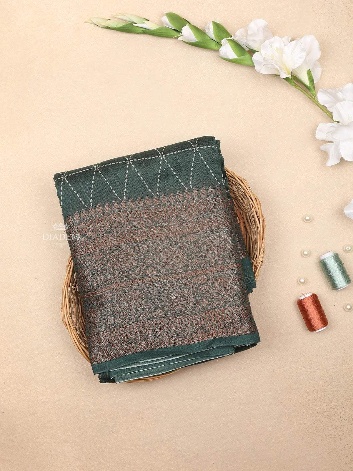 Dark Green Chanderi Silk Saree with Dotted Diamond Design on the Body with Designed Border - Diadem