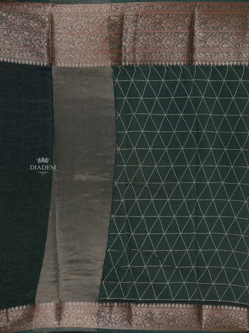 Dark Green Chanderi Silk Saree with Dotted Diamond Design on the Body with Designed Border - Diadem