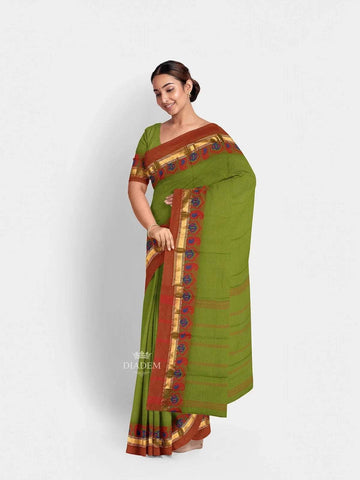 Parrot Green Kanchi Cotton Saree with Thread Butta on the Body and Thread with Zari Border - Diadem