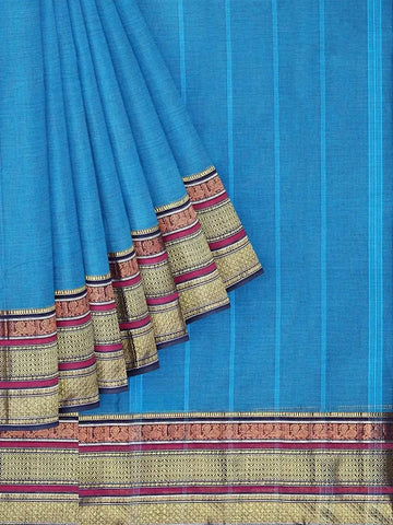 Blue Kanchi Cotton Saree with Thread Butta on the Body and Contrast Zari Border - Diadem