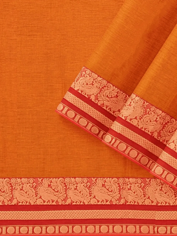 Orange Kanchi Cotton Saree with Thread Butta on the body and Contrast Zari Border - Diadem