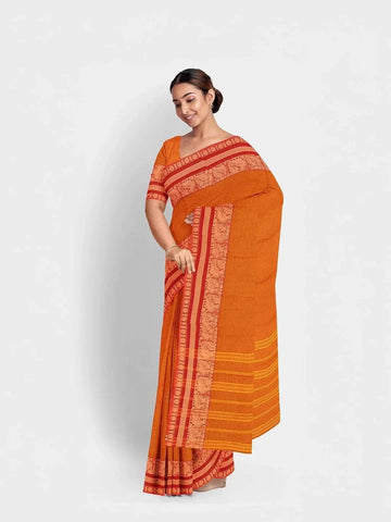 Orange Kanchi Cotton Saree with Thread Butta on the body and Contrast Zari Border - Diadem