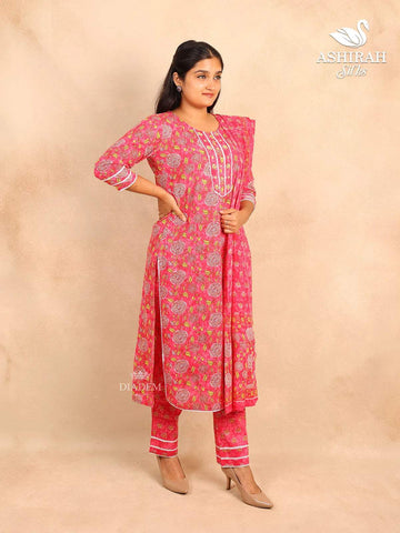 Pink Straight Cut Cotton Salwar Suit with Floral Prints and Thread work paired with Dupatta - Diadem