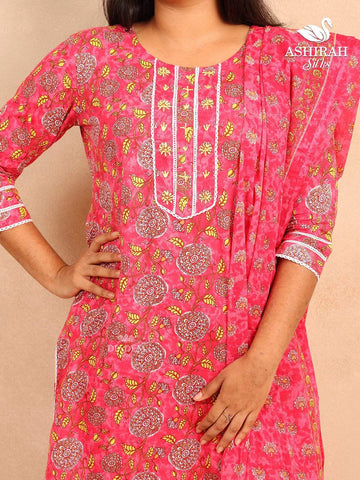 Pink Straight Cut Cotton Salwar Suit with Floral Prints and Thread work paired with Dupatta - Diadem