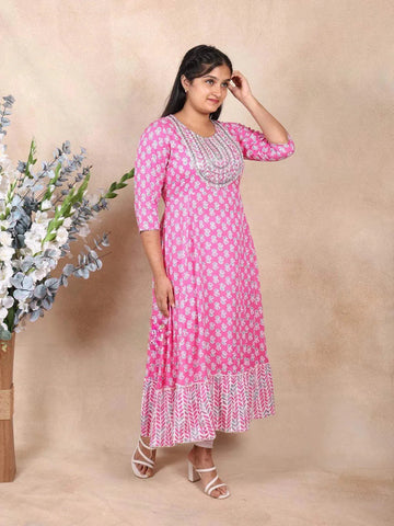 Pink Cotton Kurti Top Adorned with Floral Prints and Sequence - Diadem