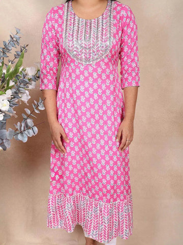 Pink Cotton Kurti Top Adorned with Floral Prints and Sequence - Diadem