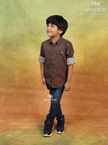 Navy Blue Cotton with Printed Full Sleeve Shirt - Diadem