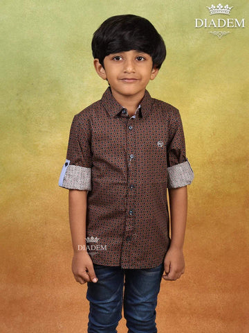 Navy Blue Cotton with Printed Full Sleeve Shirt - Diadem