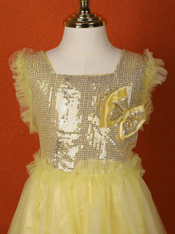 Light Yellow Net Gown Embellished with Sequins and attached Bow - Diadem