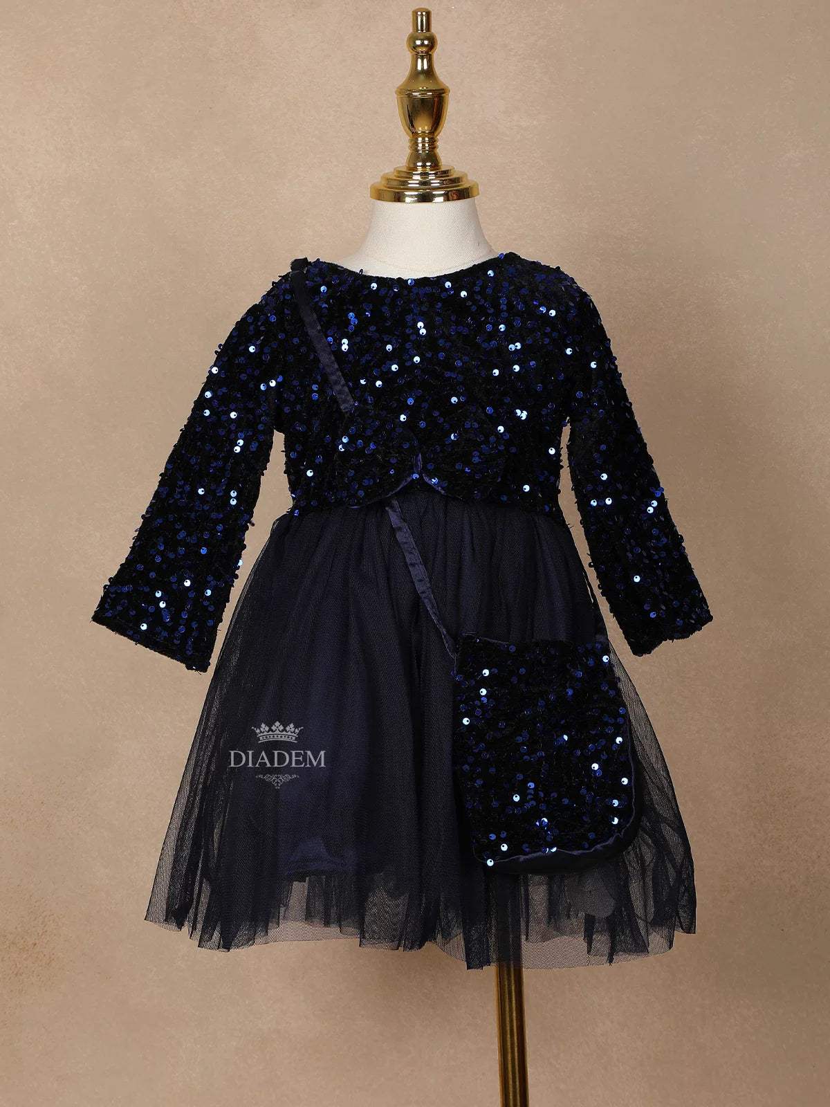 Navy Blue Net Frock Embellished with Sequins Paired with Matching Purse - Diadem