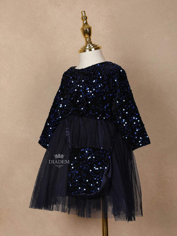 Navy Blue Net Frock Embellished with Sequins Paired with Matching Purse - Diadem