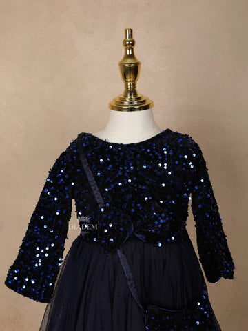 Navy Blue Net Frock Embellished with Sequins Paired with Matching Purse - Diadem