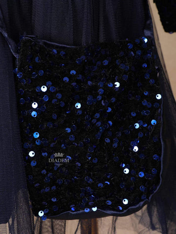 Navy Blue Net Frock Embellished with Sequins Paired with Matching Purse - Diadem