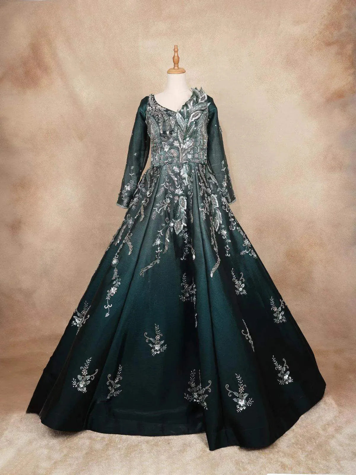 Dark Green Gown with Sequins and 3D Flowers - Diadem