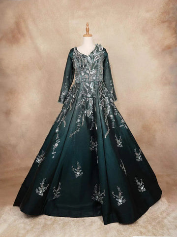 Dark Green Gown with Sequins and 3D Flowers - Diadem