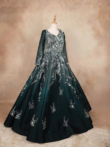 Dark Green Gown with Sequins and 3D Flowers - Diadem