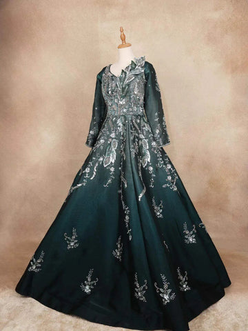 Dark Green Gown with Sequins and 3D Flowers - Diadem