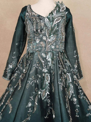 Dark Green Gown with Sequins and 3D Flowers - Diadem