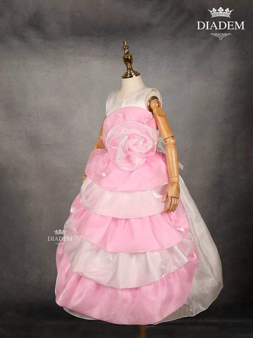 White with Pink Satin Layered Gown attached with 3D Flower - Diadem