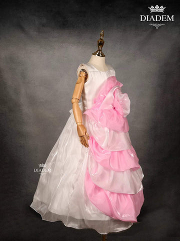 White with Pink Satin Layered Gown attached with 3D Flower - Diadem