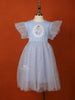 Light Grey Blue Net Gown Embellished with Glitters and Barbie Prints - Diadem