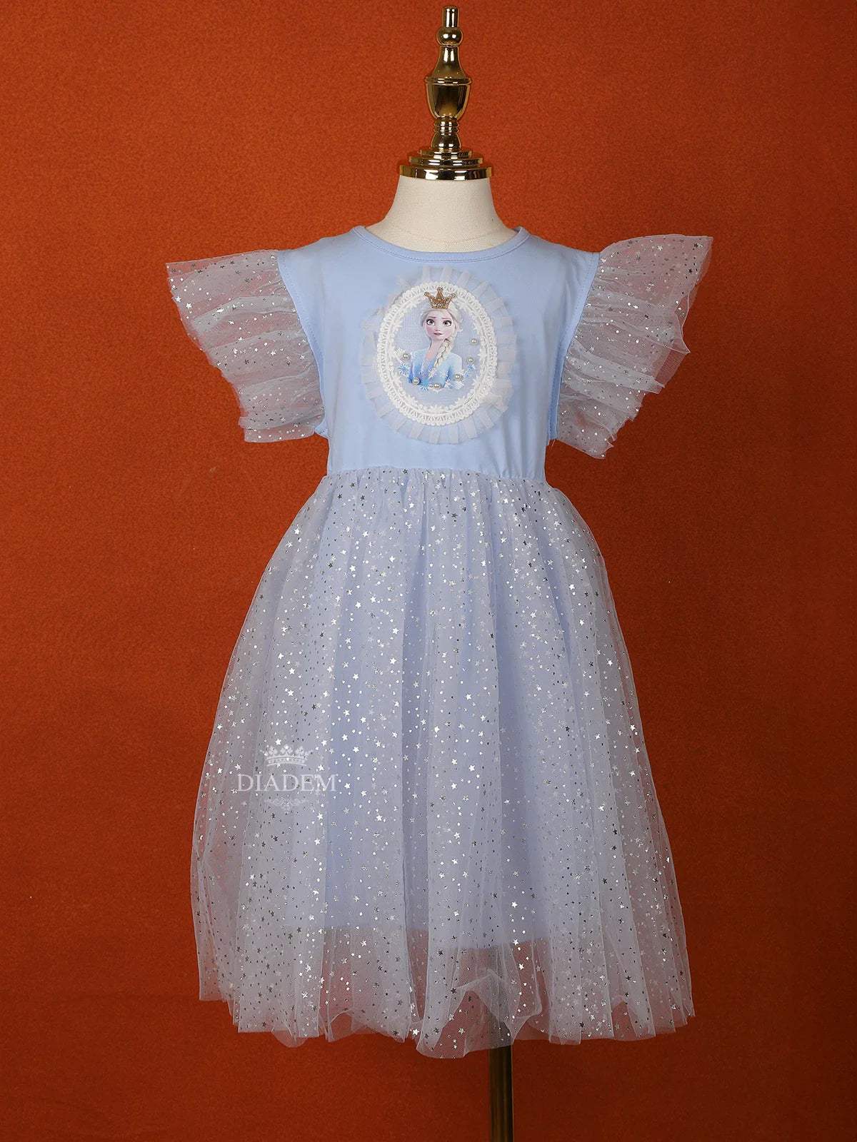 Light Grey Blue Net Gown Embellished with Glitters and Barbie Prints - Diadem