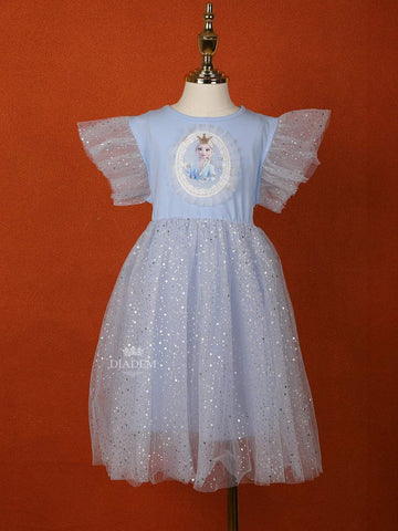 Light Grey Blue Net Gown Embellished with Glitters and Barbie Prints - Diadem