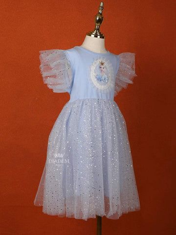 Light Grey Blue Net Gown Embellished with Glitters and Barbie Prints - Diadem