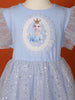 Light Grey Blue Net Gown Embellished with Glitters and Barbie Prints - Diadem