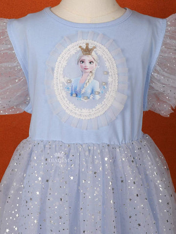 Light Grey Blue Net Gown Embellished with Glitters and Barbie Prints - Diadem