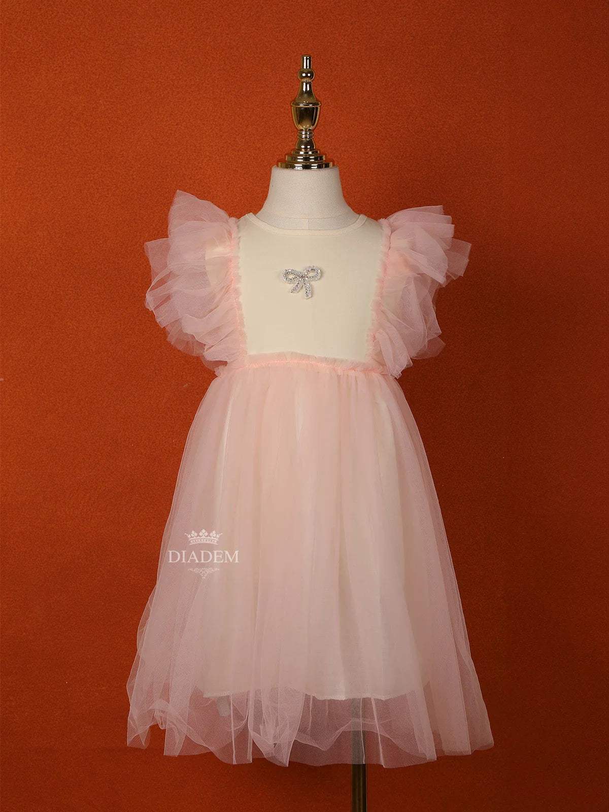 Light Pink Net Frock with Ruffle Sleeves and Attached Bow - Diadem