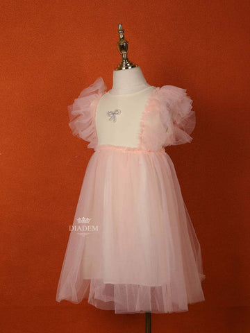 Light Pink Net Frock with Ruffle Sleeves and Attached Bow - Diadem