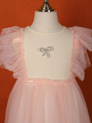 Light Pink Net Frock with Ruffle Sleeves and Attached Bow - Diadem